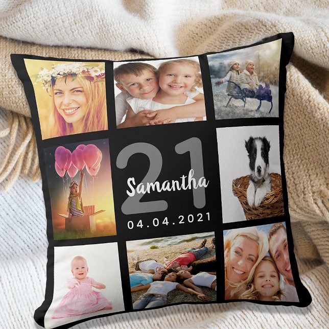 21st birthday custom photo collage girl black throw pillow (Creator Uploaded)