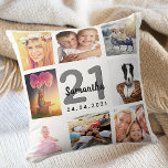 21st birthday custom photo collage girl white throw pillow<br><div class="desc">A unique gift for a young womans 21st birthday, celebrating her life with a collage of 8 of your own photos, pictures. Personalize and add her name, age 21 and a date. A chic white background. Gray and black letters and numbers. The name is written with a modern hand lettered...</div>