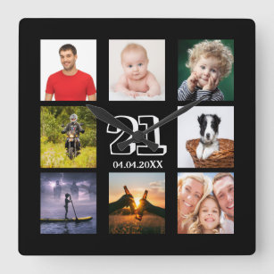 21st birthday custom photo collage guy black square wall clock