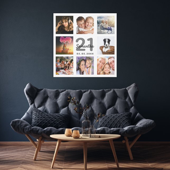 21st birthday custom photo collage white monogram faux canvas print (Creator Uploaded)