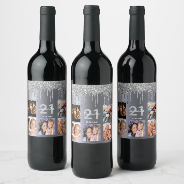 21st birthday custom photo glitter silver sparkle wine label (Bottles)