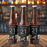 21st birthday custom photo monogram guy beer bottle label<br><div class="desc">For a 21st birthday party. A collage of 3 of your photos of himself friends,  family,  interest or pets.  Personalize and add his name,  age 21 and a date.  Date of birth or the date of the birthday party.  Gray and white colored text.  Black background.</div>