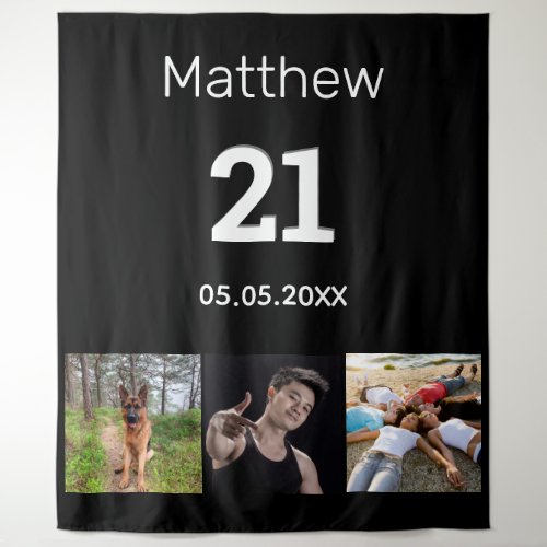 21st birthday custom photo monogram guy black tapestry