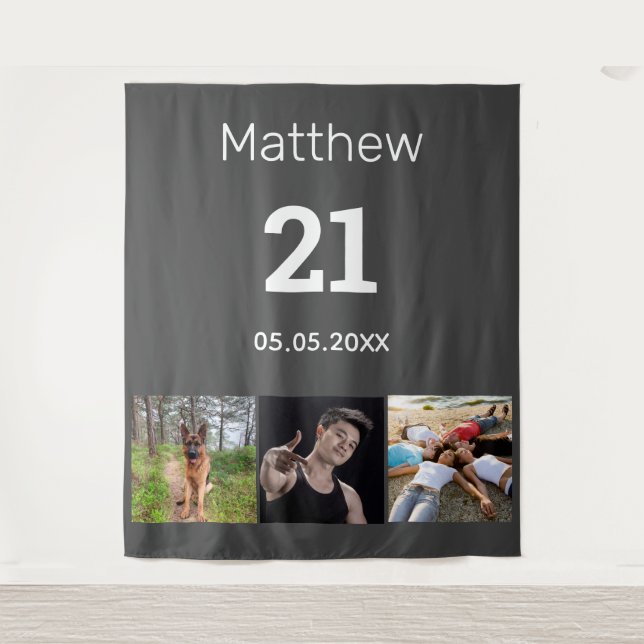 21st birthday custom photo monogram guy gray tapestry (Front)