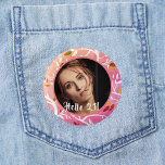 21st birthday custom photo pink botanical pattern button<br><div class="desc">An elegant and modern botanical pattern of branches and leaves in pink green,  and white as background.  A slim white frame and template for Your photo.  White text overlay: Hello 21!  A button for a girly 21st birthday party.</div>