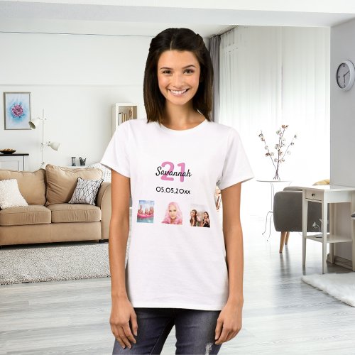 21st birthday custom photo pink monogram woman T_Shirt