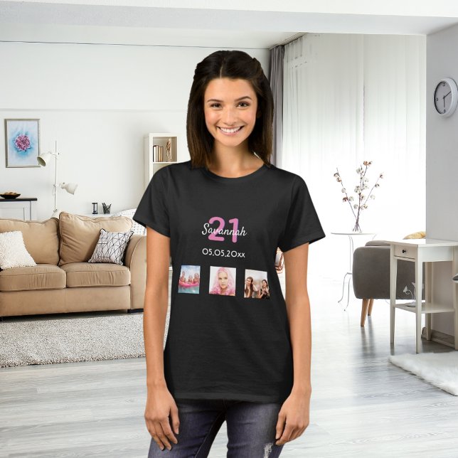 21st birthday custom photo pink monogram woman T-Shirt (Creator Uploaded)