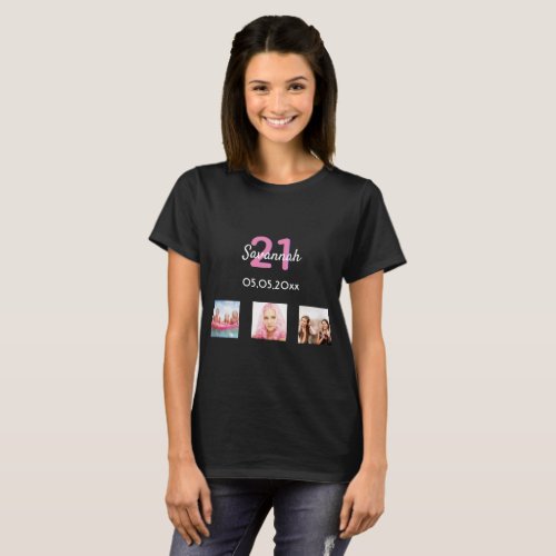 21st birthday custom photo pink monogram woman T_Shirt
