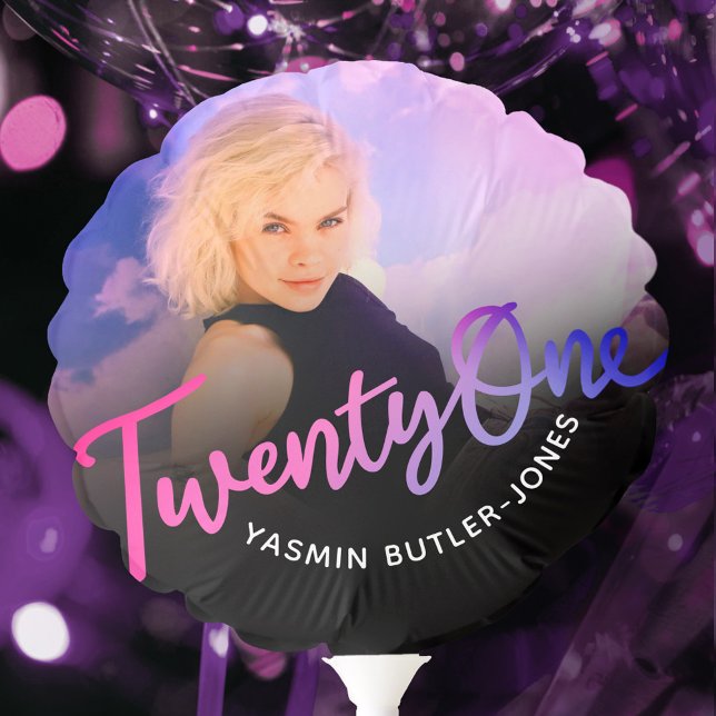 21st Birthday custom photo purple pink black Balloon (Creator Uploaded)