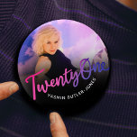 21st Birthday custom photo purple pink black Button<br><div class="desc">Twenty one purple through to pink script text photo party pin button badge. Personalize this 21st birthday party script photo birthday button with your own birthday girls name and a photo of your birthday girl. Other years and matching items are available and can be created by request. © Original design...</div>
