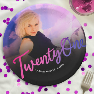 21st Birthday custom photo purple pink black Paper Plates