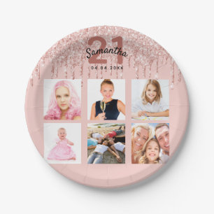 21st birthday custom photo rose gold glitter pink paper plates