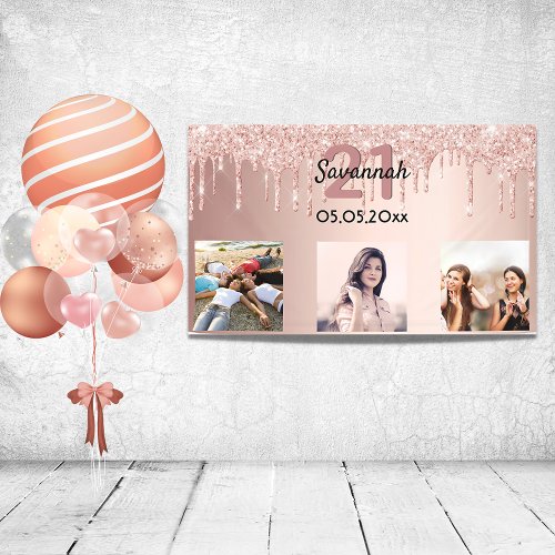 21st birthday custom photo rose gold pink glitter banner