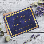 21st birthday dark blue gold save the date postcard<br><div class="desc">A Save the Date card for a 21st birthday party for a guy, man, male. A dark blue background decorated with golden confetti and a faux gold and black frame. The blue color is uneven. Templates for a date and name/age 21. Golden colored letters. The text: Save the Date is...</div>