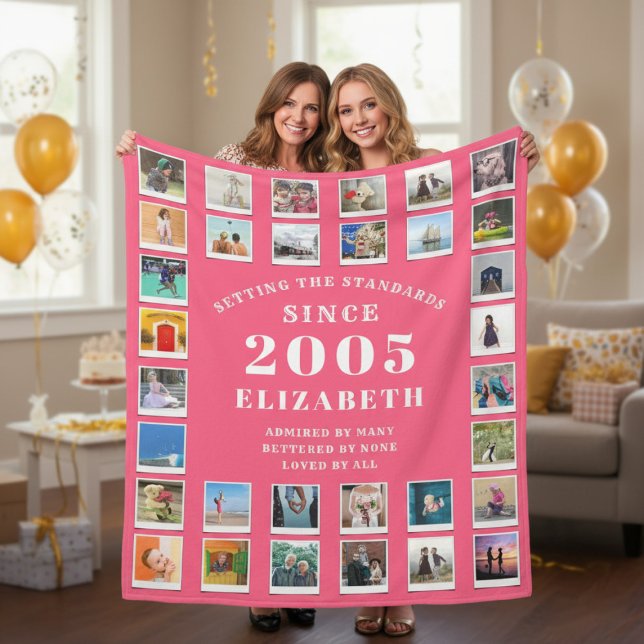 21st Birthday Daughter Family Photo collage Pink Fleece Blanket (Born 2005 Pink photo blanket held up by 2 women.)