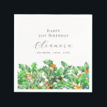21st Birthday December Birth Flower Holly Custom Napkins<br><div class="desc">Perfect table decor for a December birthday party. Holly is the birth flower for that month. It forms a pretty watercolor bottom border on this festive personalized napkin. The birthday celebrant's name,  age and birthdate are placed above it using elegant calligraphy and typography. All text is editable.</div>