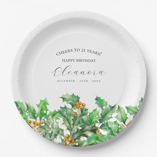 21st Birthday December Birth Flower Holly Custom Paper Plates (Front)