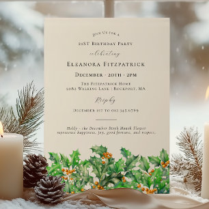 21st Birthday December Birth Month Flower Holly Invitation