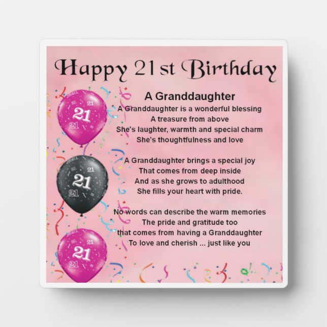21st  Birthday Design Granddaughter Poem Plaque (Front)