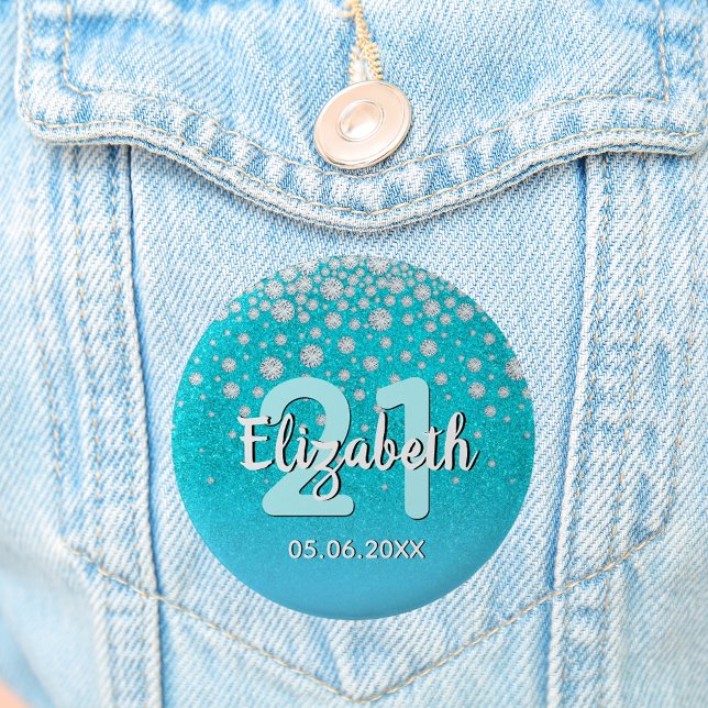 21st birthday diamonds glitter teal blue green button (Creator Uploaded)