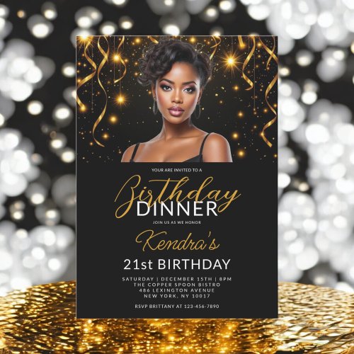 21st Birthday Dinner Gold Black Photo Instagram  Invitation