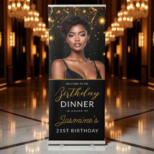 21st Birthday Dinner Gold Black Photo Instagram Retractable Banner