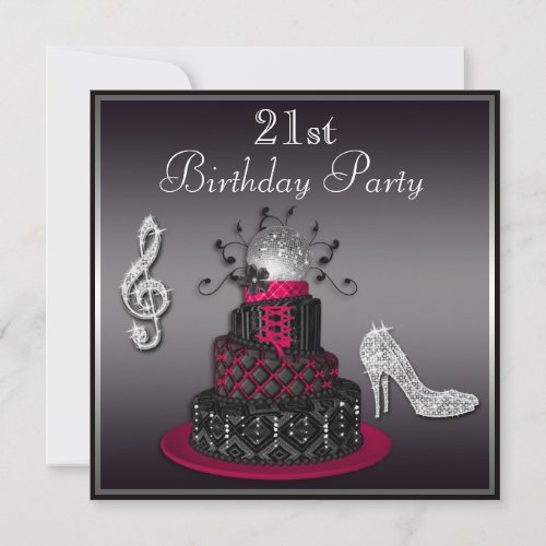 21st Birthday Disco Diva Cake and Heels Hot Pink Invitation
