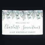 21st Birthday Dusty Blue Floral Welcome Banner<br><div class="desc">Welcome your guests with this elegant welcome banner. Pretty dusty blue roses,  peonies and wildflowers decorate the top border. A classic and easy-to-read font combination takes only minutes to personalize.</div>
