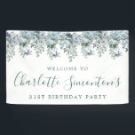 21st Birthday Dusty Blue Floral Welcome Banner<br><div class="desc">Welcome your guests with this elegant welcome banner. Pretty dusty blue roses,  peonies and wildflowers decorate the top border. A classic and easy-to-read font combination takes only minutes to personalize.</div>