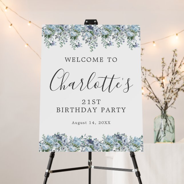 21st Birthday Dusty Blue Floral Welcome Foam Board (In Situ (Stand))
