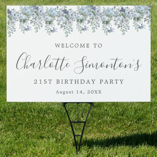21st Birthday Dusty Blue Floral Welcome Yard Sign (Insitu)