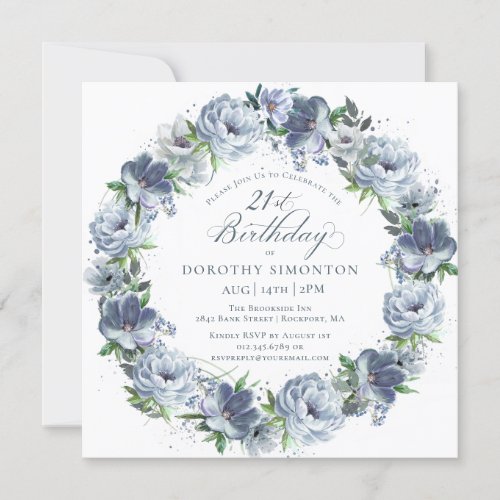 21st Birthday Dusty Blue Flower Wreath Invitation