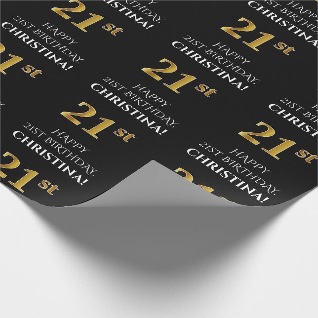 21st Birthday: Elegant, Black, Faux Gold Look Wrapping Paper (Corner)