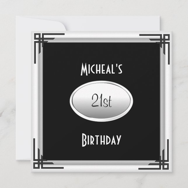 21st Birthday Elegant Black White silver Mens Invitation (Front)