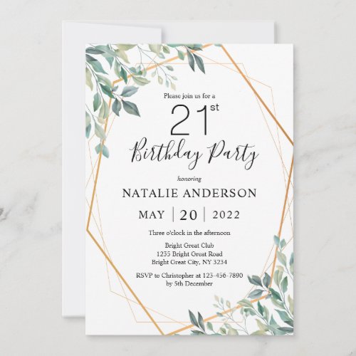 21st Birthday Elegant Eucalyptus Greenery and Gold Invitation