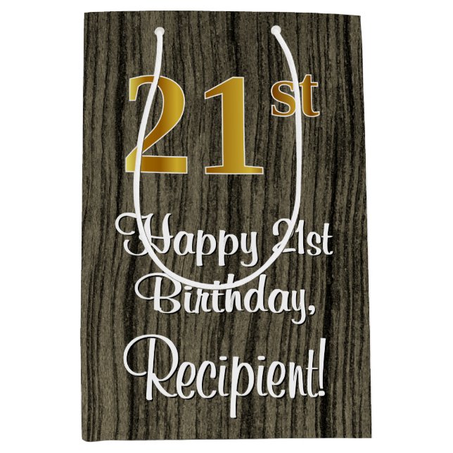21st Birthday: Elegant Faux Gold Look #, Faux Wood Medium Gift Bag (Front)