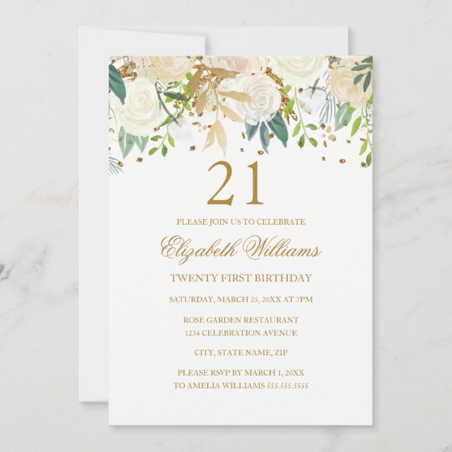 21st Birthday Elegant Gold Floral Invitation (Front)