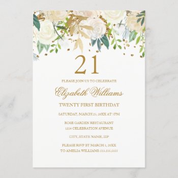 21st Birthday Elegant Gold Floral Invitation by LittleBayleigh at Zazzle