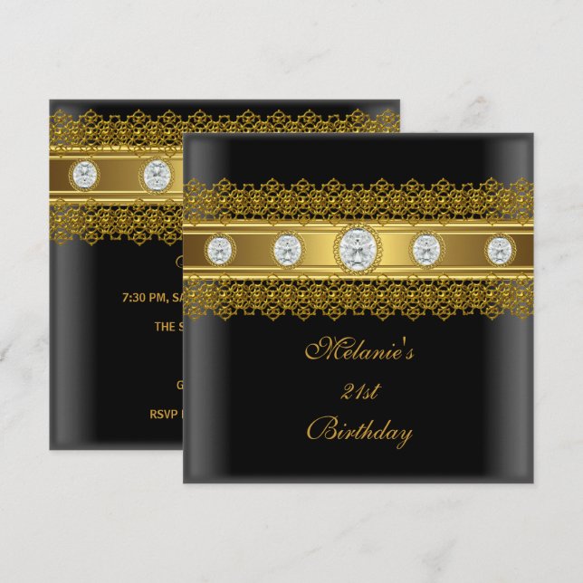 21st Birthday Elegant Lace Black Gold Diamond Invitation (Front/Back)
