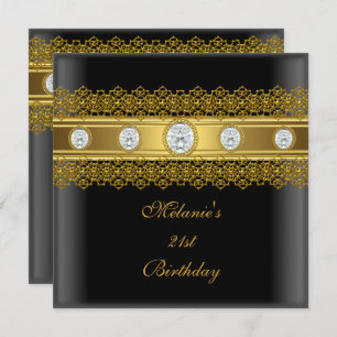 21st Birthday Elegant Lace Black Gold Diamond Invitation