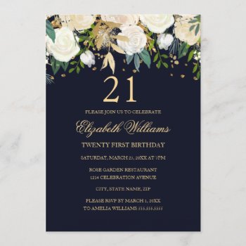 21st Birthday Elegant Navy Gold Floral Invitation by LittleBayleigh at Zazzle