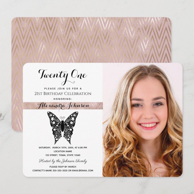 21st Birthday Elegant Pink Black & White Photo Invitation (Front/Back)