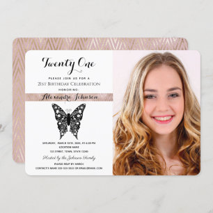21st Birthday Elegant Pink Black & White Photo Invitation