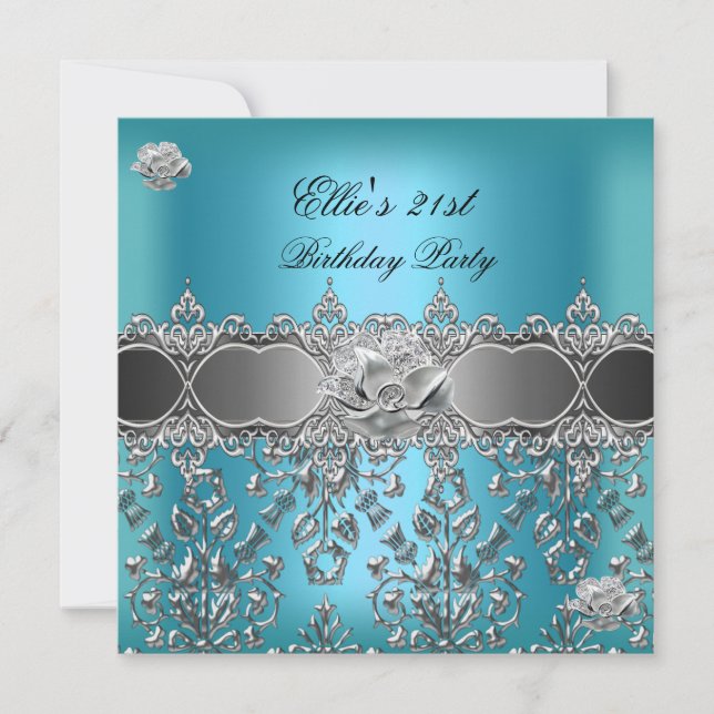 21st Birthday Elegant Teal Blue Silver Floral Invitation (Front)