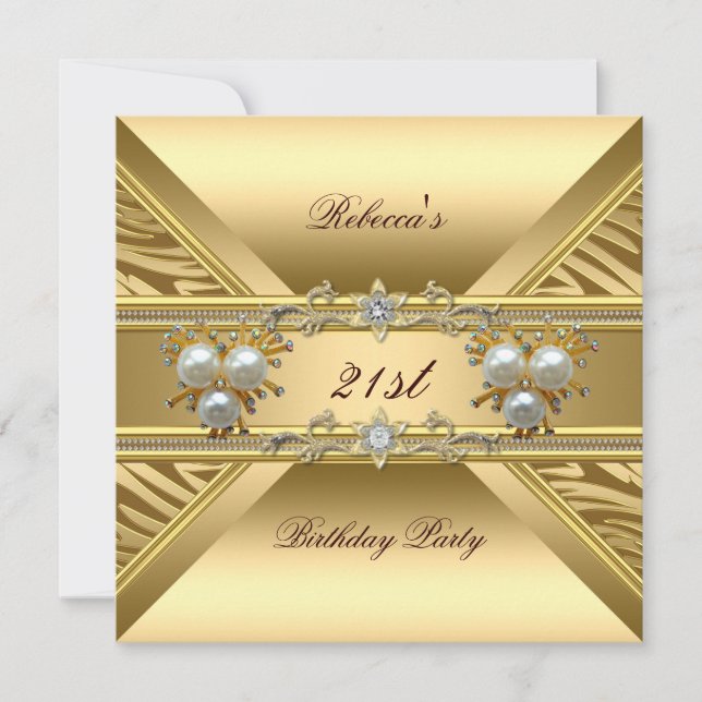 21st  Birthday Elegant Zebra Gold Pearl Jewels Invitation (Front)
