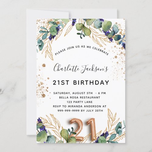 21st birthday eucalyptus greenery glitter elegant invitation