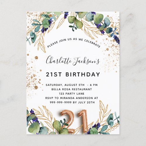 21st birthday eucalyptus greenery glitter elegant invitation postcard