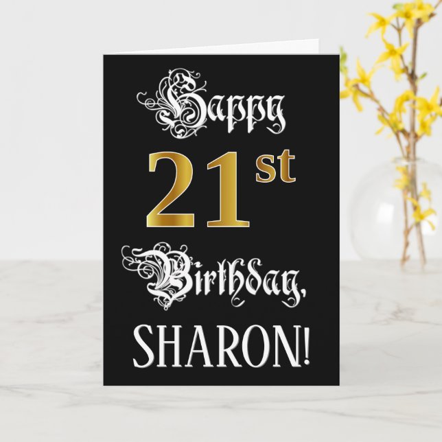 21st Birthday — Fancy Script; Faux Gold Look; Name Card (Yellow Flower)