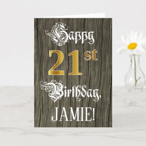 21st Birthday Faux Gold Look  Faux Wood Pattern Card