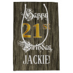 [ Thumbnail: 21st Birthday: Faux Gold Look & Faux Wood Pattern Gift Bag ]